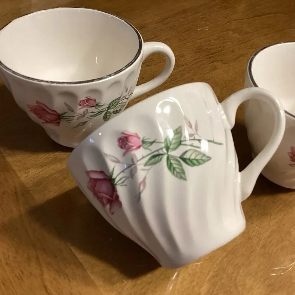 Set of 3 White China with Rose Print Tea/Coffee Cups